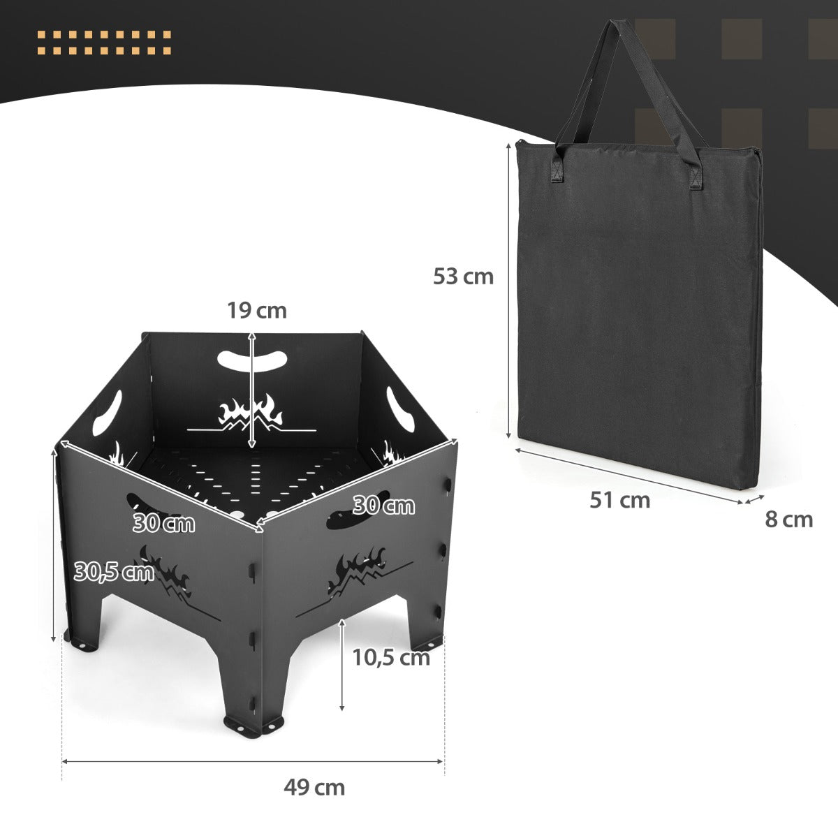Brasero Portátil Plegable de 49 cm con Bolsa de Almacenamiento Brasero Pentágono Resistente para Exteriores Acampar y Patio Trasero Negro