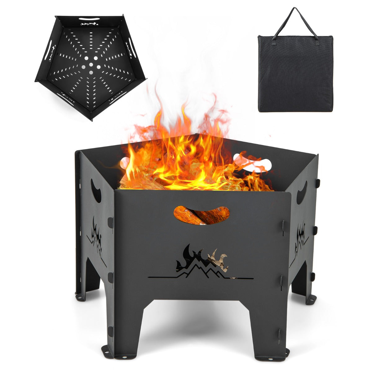 Brasero Portátil Plegable de 49 cm con Bolsa de Almacenamiento Brasero Pentágono Resistente para Exteriores Acampar y Patio Trasero Negro