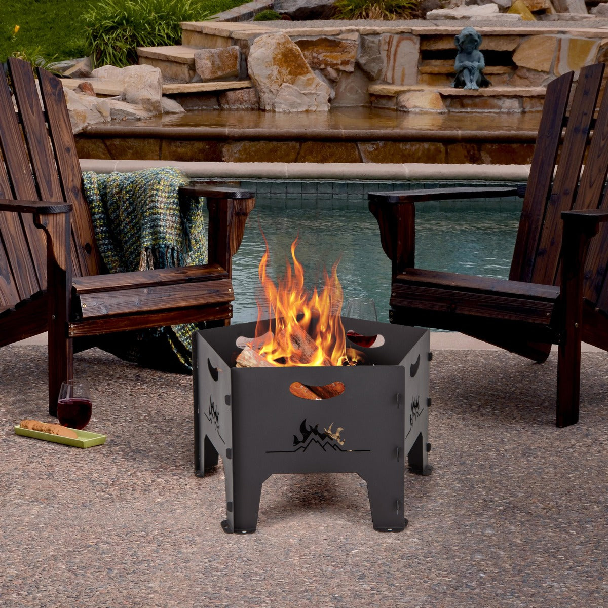 Brasero Portátil Plegable de 49 cm con Bolsa de Almacenamiento Brasero Pentágono Resistente para Exteriores Acampar y Patio Trasero Negro