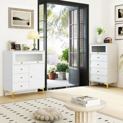 Cómoda para Dormitorio Gabinete de Almacenaje Moderno con Puerta de Vidrio Acanalado Abatible y Cajones Extraíbles Patas de Metal Blanco