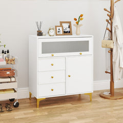 Cómoda para Dormitorio Gabinete de Almacenaje Moderno con Puerta de Vidrio Acanalado Abatible y Cajones Extraíbles Patas de Metal Blanco