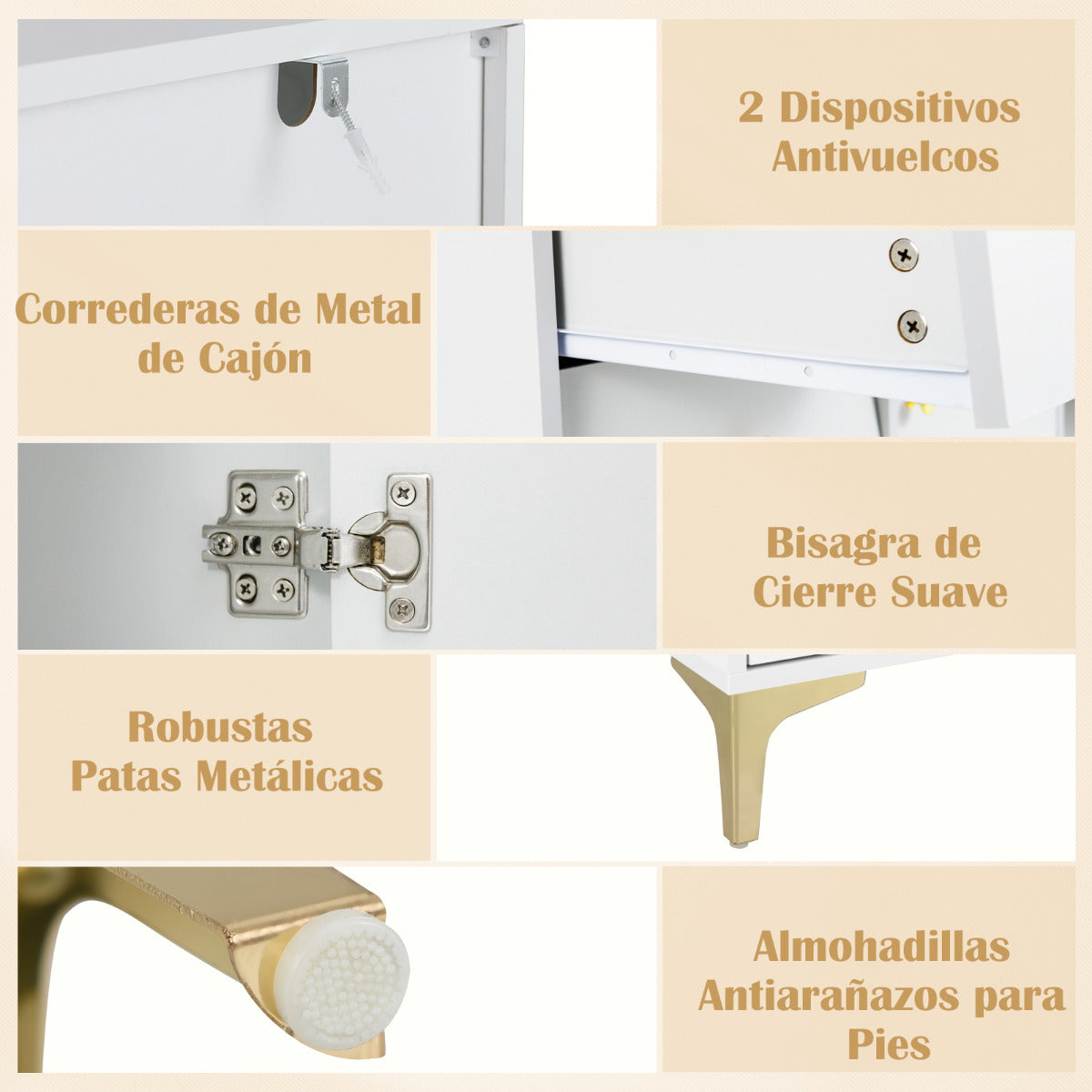 Cómoda para Dormitorio Gabinete de Almacenaje Moderno con Puerta de Vidrio Acanalado Abatible y Cajones Extraíbles Patas de Metal Blanco