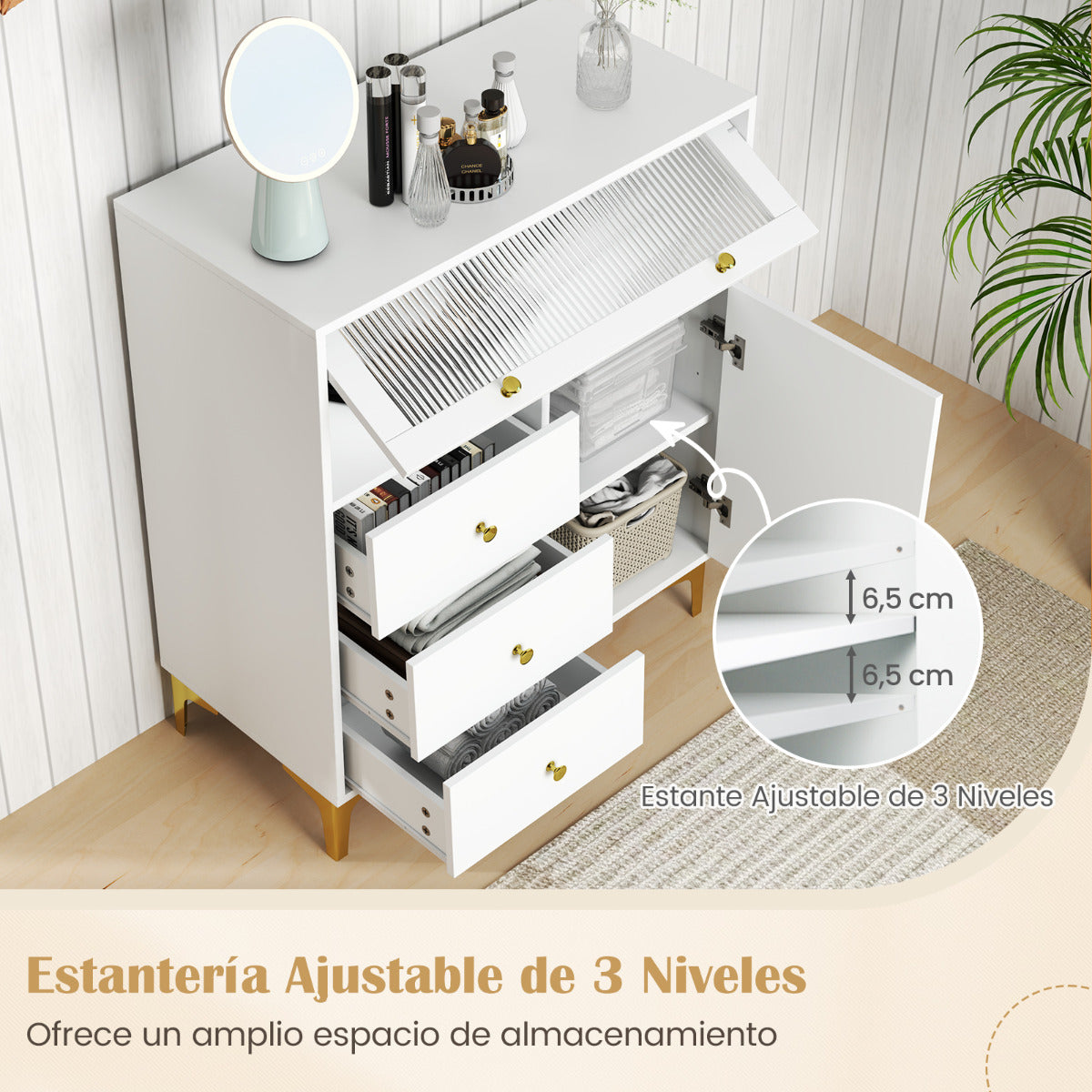 Cómoda para Dormitorio Gabinete de Almacenaje Moderno con Puerta de Vidrio Acanalado Abatible y Cajones Extraíbles Patas de Metal Blanco