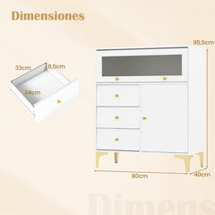 Cómoda para Dormitorio Gabinete de Almacenaje Moderno con Puerta de Vidrio Acanalado Abatible y Cajones Extraíbles Patas de Metal Blanco