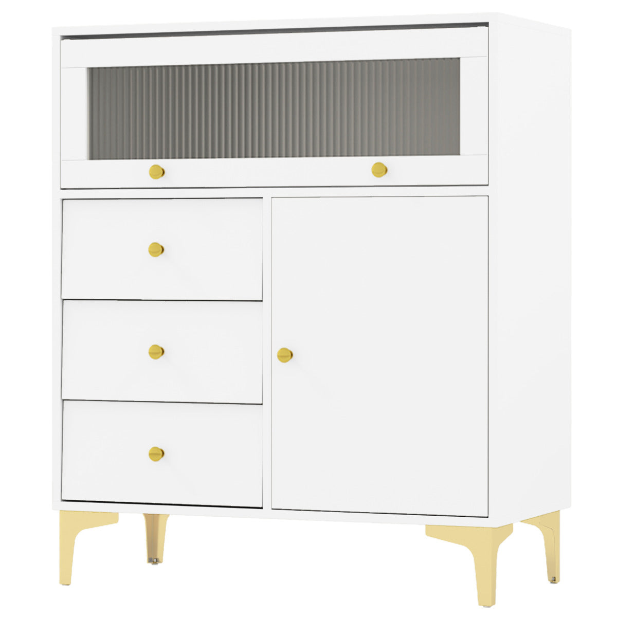 Cómoda para Dormitorio Gabinete de Almacenaje Moderno con Puerta de Vidrio Acanalado Abatible y Cajones Extraíbles Patas de Metal Blanco