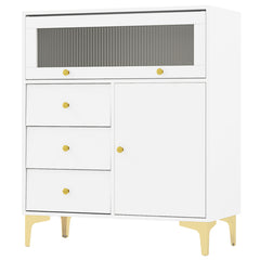 Cómoda para Dormitorio Gabinete de Almacenaje Moderno con Puerta de Vidrio Acanalado Abatible y Cajones Extraíbles Patas de Metal Blanco