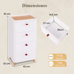 Mueble de 4 Cajones Carro de Almacenamiento Vertical con Bandeja Organizadora Removible Cajonera para Dormitorio Salón Baño Oficina Blanco