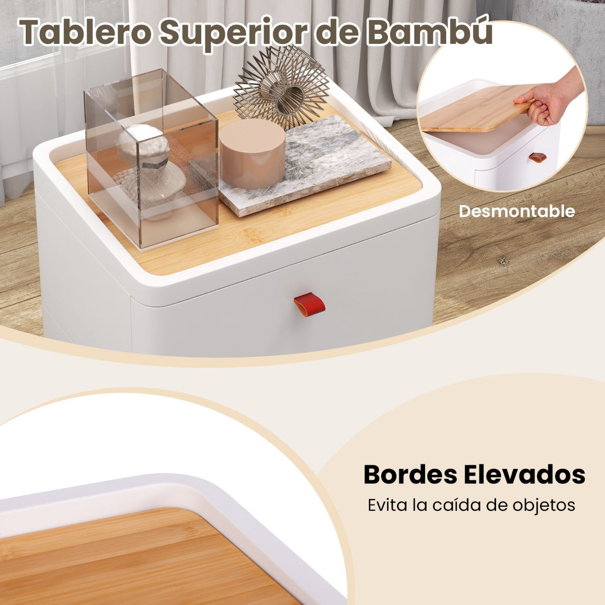 Mueble de 4 Cajones Carro de Almacenamiento Vertical con Bandeja Organizadora Removible Cajonera para Dormitorio Salón Baño Oficina Blanco