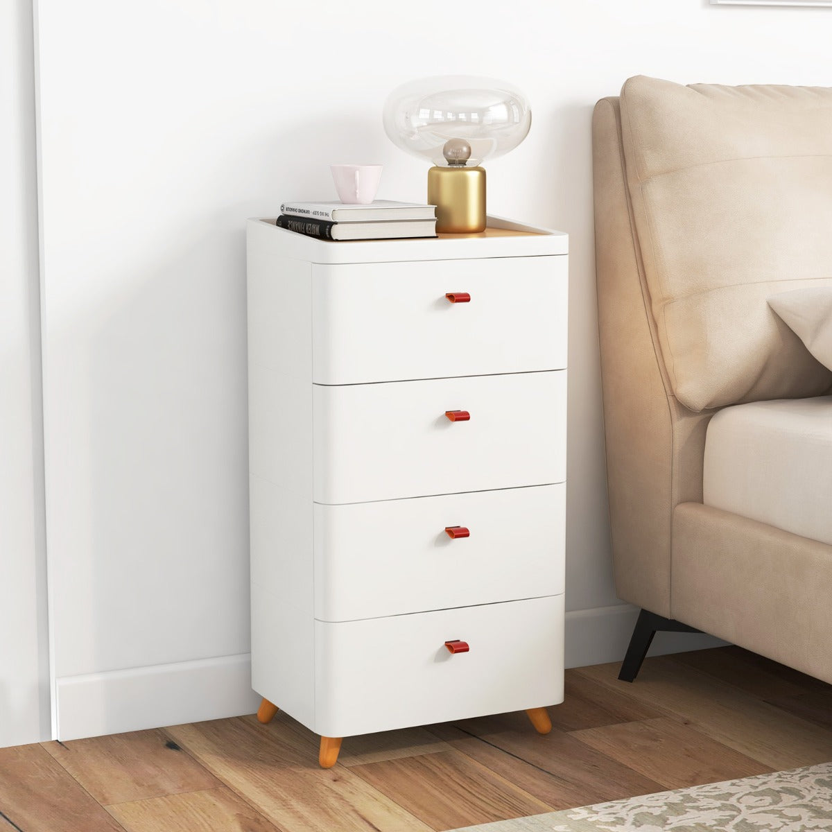 Mueble de 4 Cajones Carro de Almacenamiento Vertical con Bandeja Organizadora Removible Cajonera para Dormitorio Salón Baño Oficina Blanco