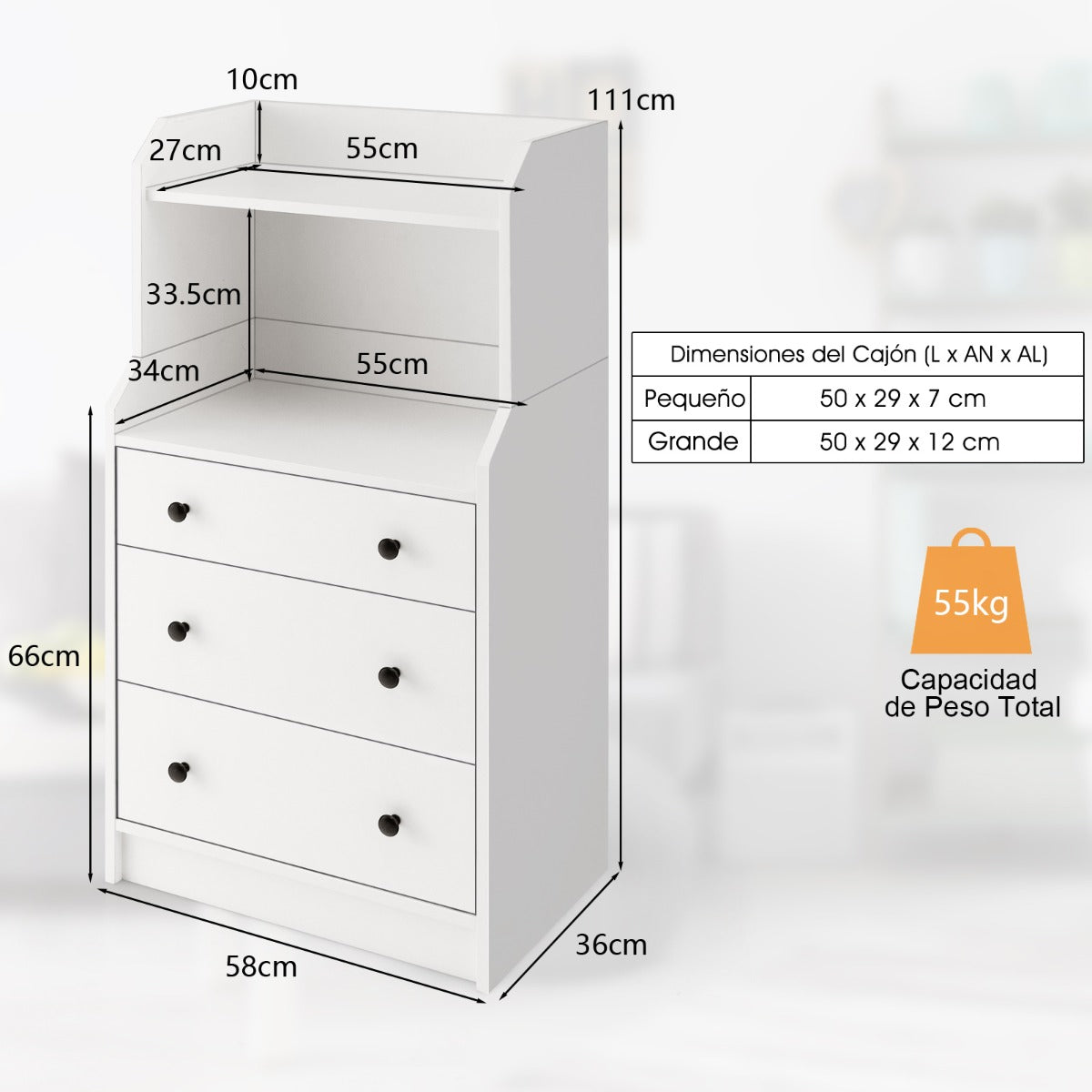 Cómoda de 3 Cajones con Estantes Organizador de Almacenamiento Armario de Cajones Moderno para Sala de Estar Dormitorio Entrada Blanco
