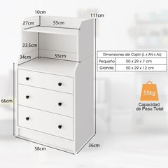 Cómoda de 3 Cajones con Estantes Organizador de Almacenamiento Armario de Cajones Moderno para Sala de Estar Dormitorio Entrada Blanco