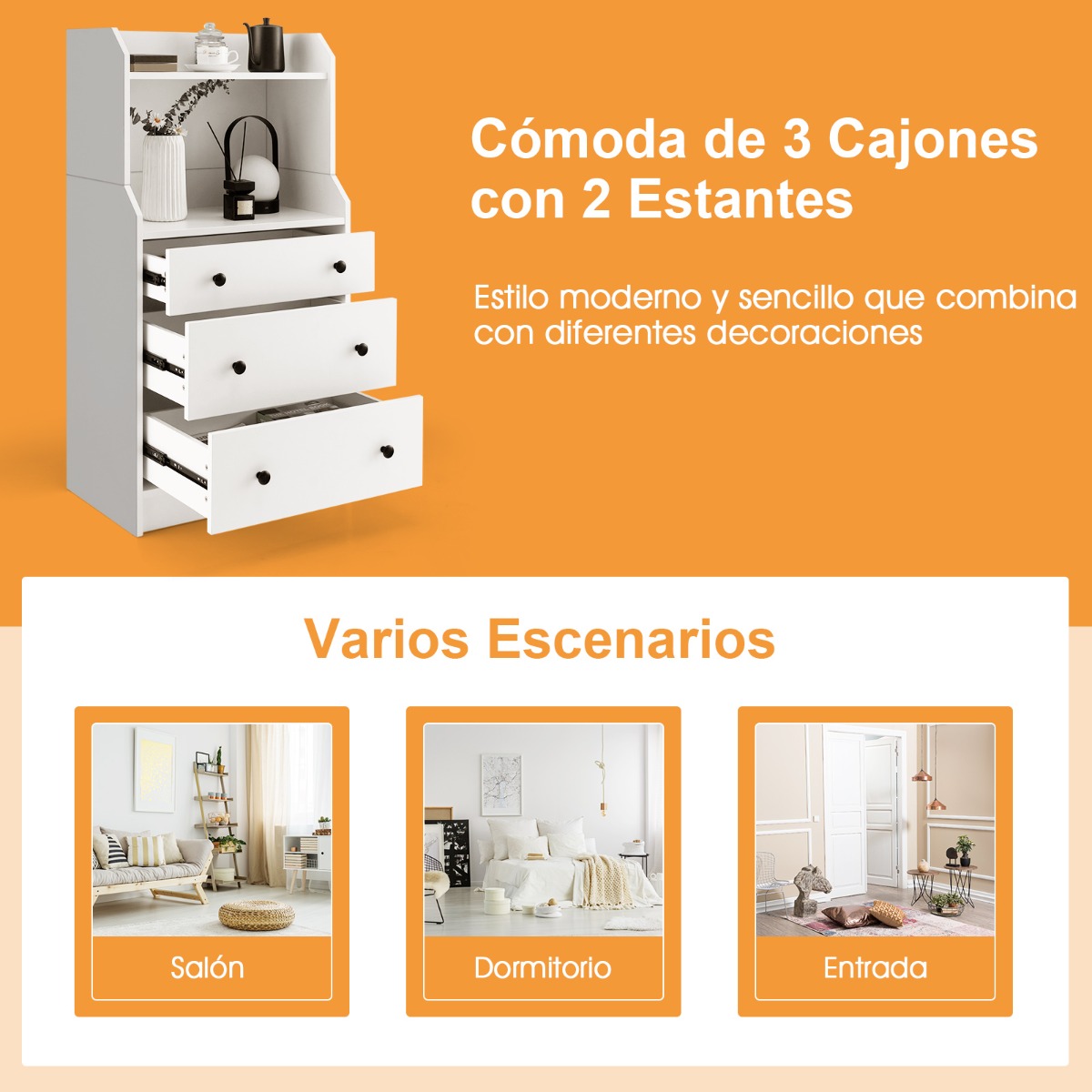 Cómoda de 3 Cajones con Estantes Organizador de Almacenamiento Armario de Cajones Moderno para Sala de Estar Dormitorio Entrada Blanco
