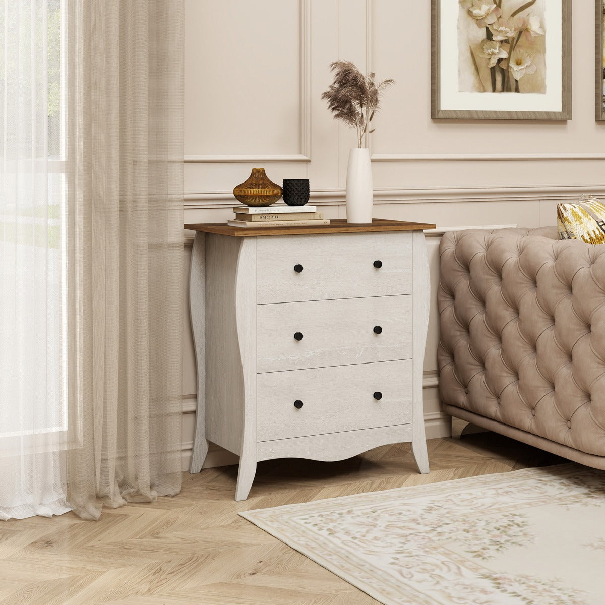 Cómoda con 3 Cajones de Tela Plegables para Dormitorio Cajonera de Estilo Campestre Organizador de Almacenamiento de Closet Gris