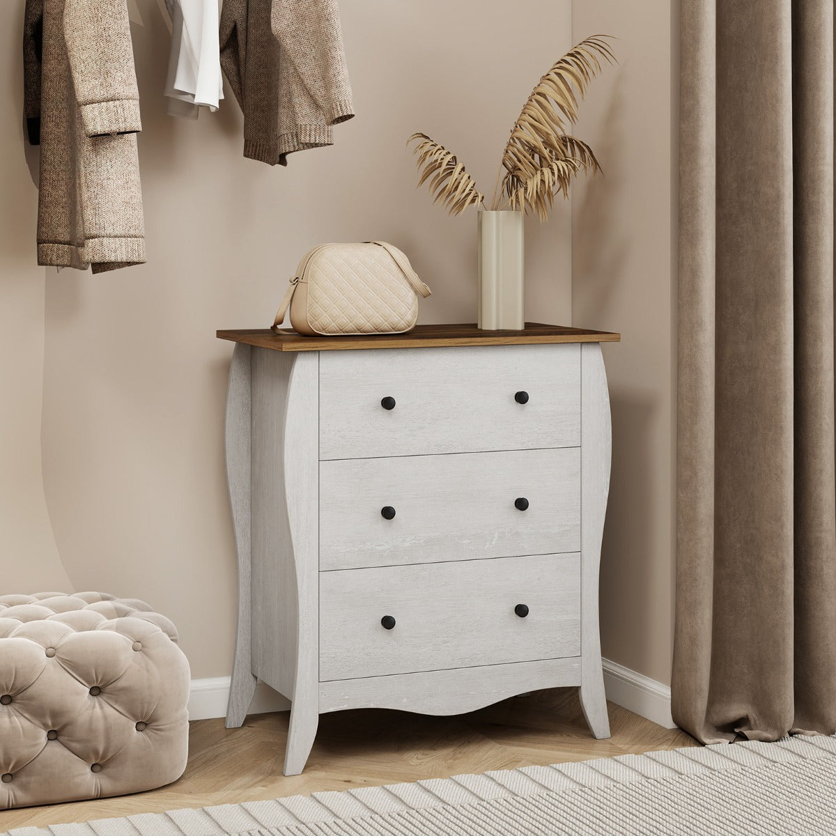 Cómoda con 3 Cajones de Tela Plegables para Dormitorio Cajonera de Estilo Campestre Organizador de Almacenamiento de Closet Gris