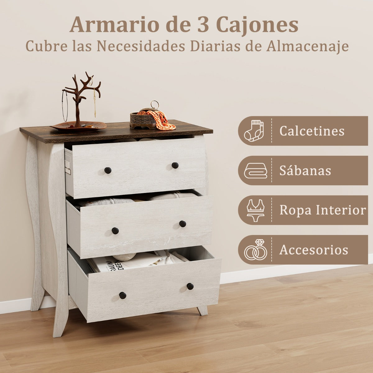 Cómoda con 3 Cajones de Tela Plegables para Dormitorio Cajonera de Estilo Campestre Organizador de Almacenamiento de Closet Gris
