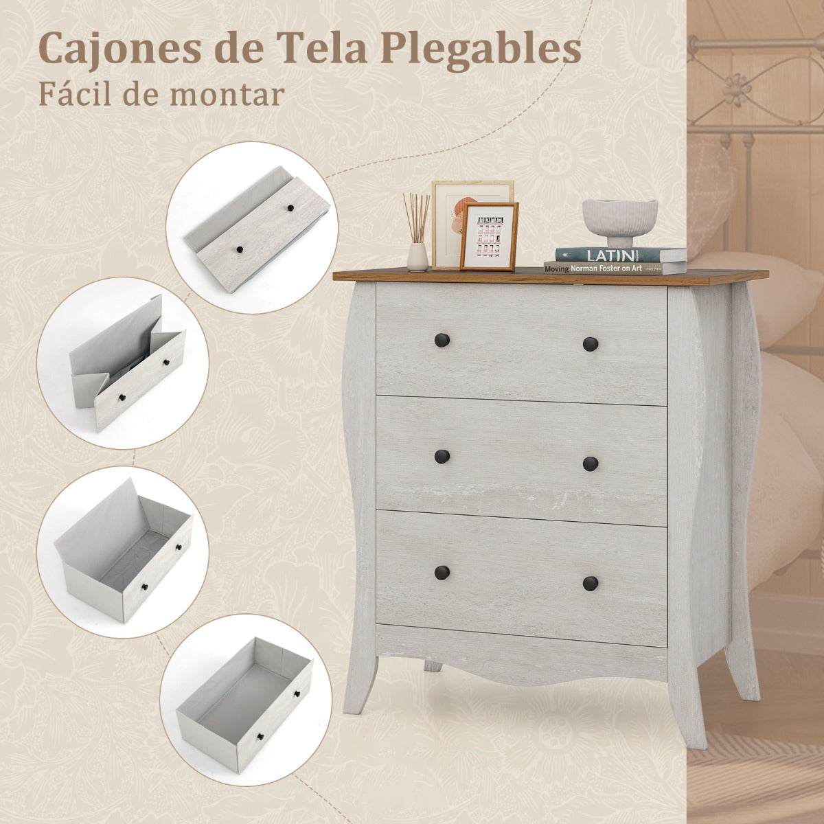Cómoda con 3 Cajones de Tela Plegables para Dormitorio Cajonera de Estilo Campestre Organizador de Almacenamiento de Closet Gris