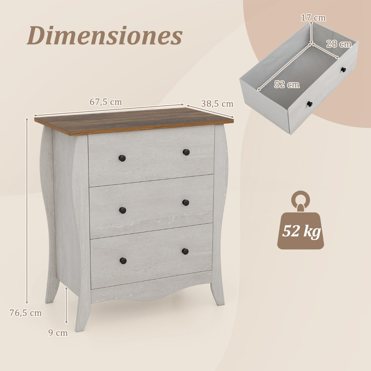 Cómoda con 3 Cajones de Tela Plegables para Dormitorio Cajonera de Estilo Campestre Organizador de Almacenamiento de Closet Gris
