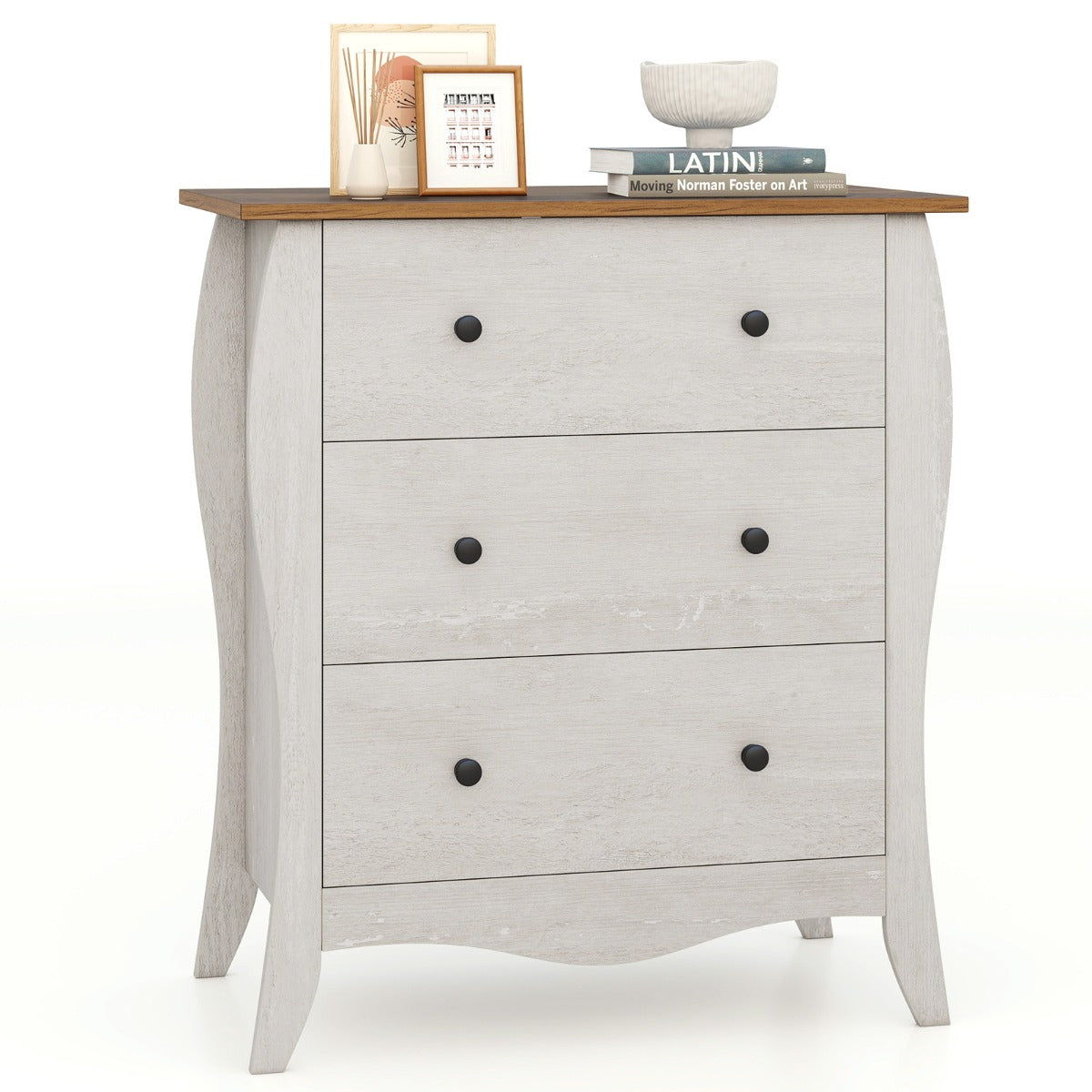 Cómoda con 3 Cajones de Tela Plegables para Dormitorio Cajonera de Estilo Campestre Organizador de Almacenamiento de Closet Gris