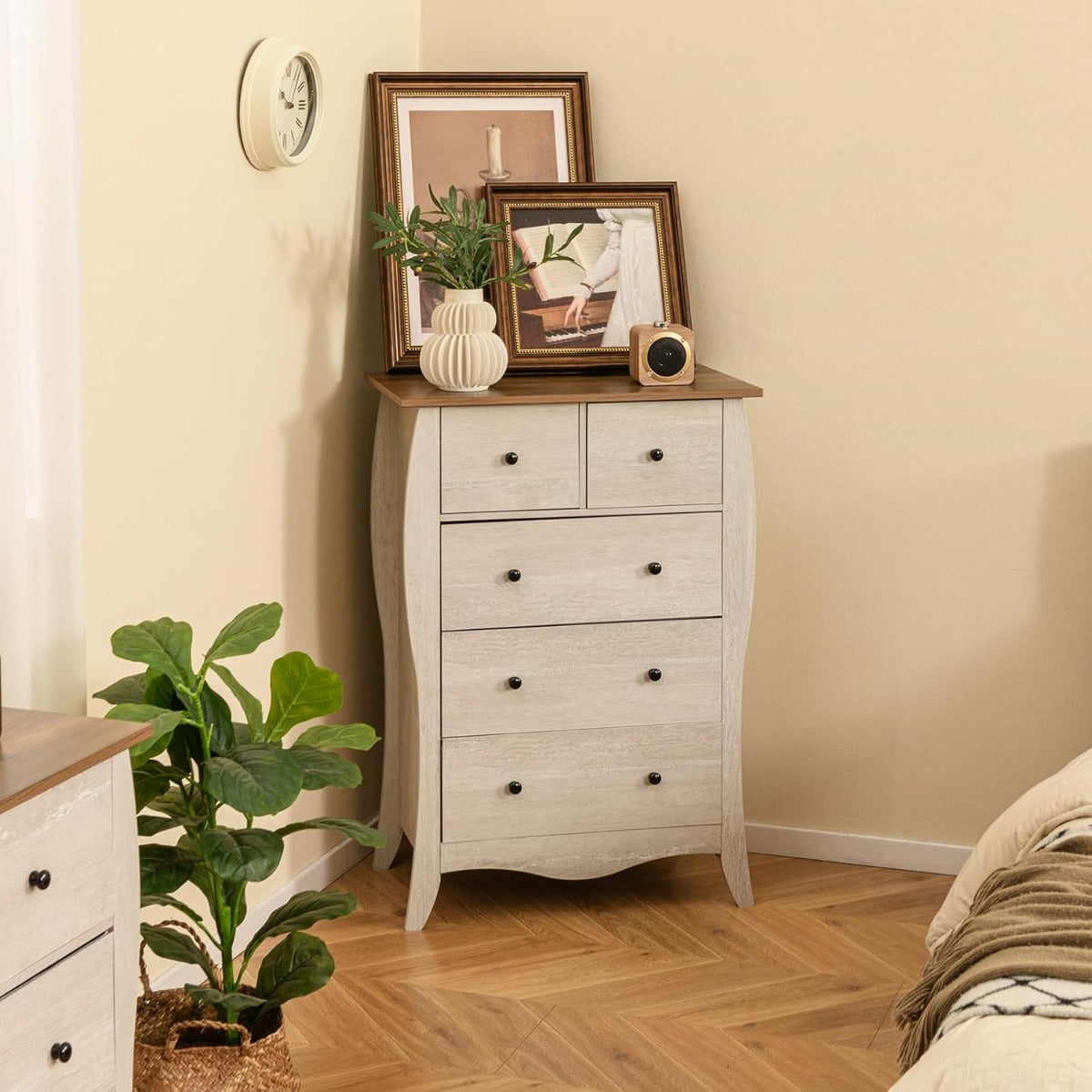 Cómoda con 5 Cajones de Tela Plegables para Dormitorio Cajonera de Estilo Campestre Organizador de Almacenamiento de Closet Gris