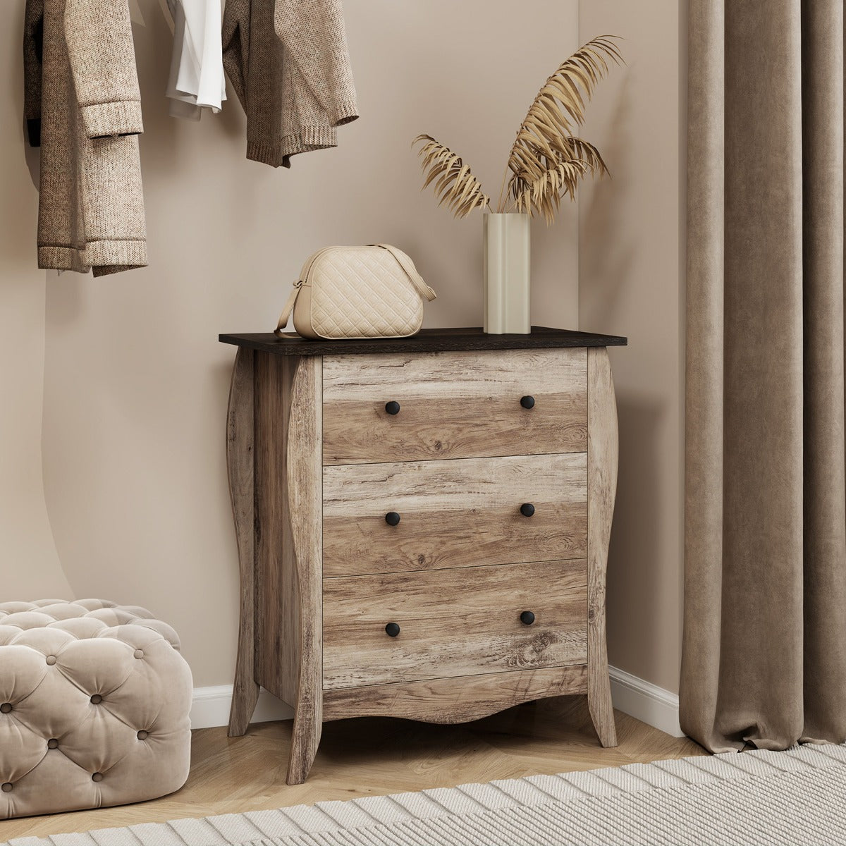 Cómoda con 3 Cajones de Tela Plegables para Dormitorio Cajonera de Estilo Campestre Organizador de Almacenamiento de Closet Marrón