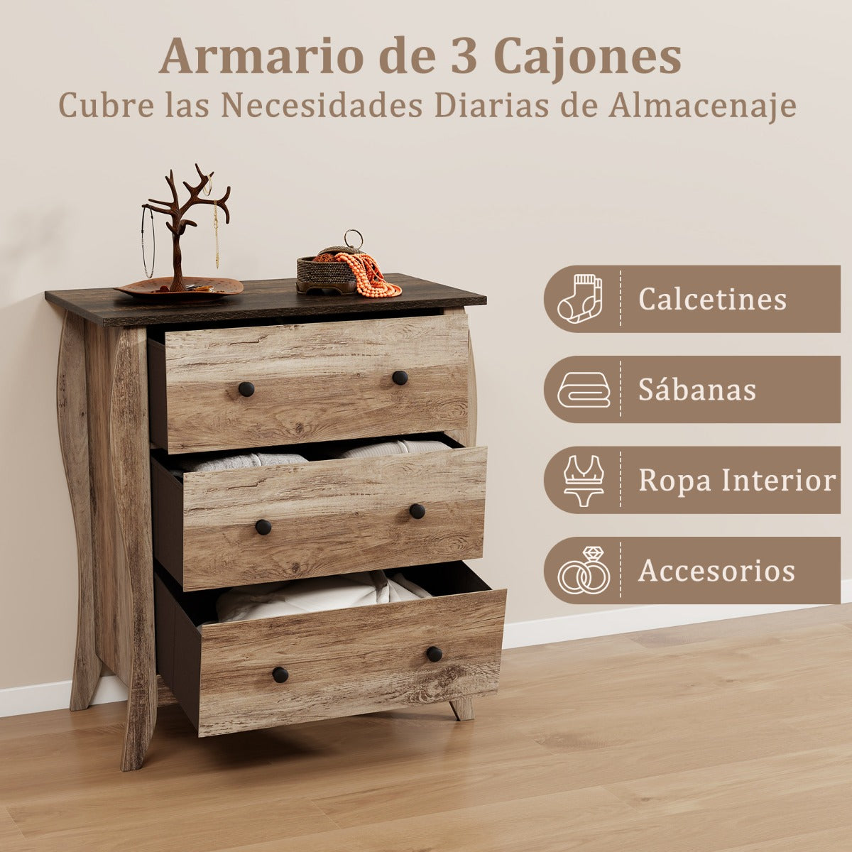 Cómoda con 3 Cajones de Tela Plegables para Dormitorio Cajonera de Estilo Campestre Organizador de Almacenamiento de Closet Marrón