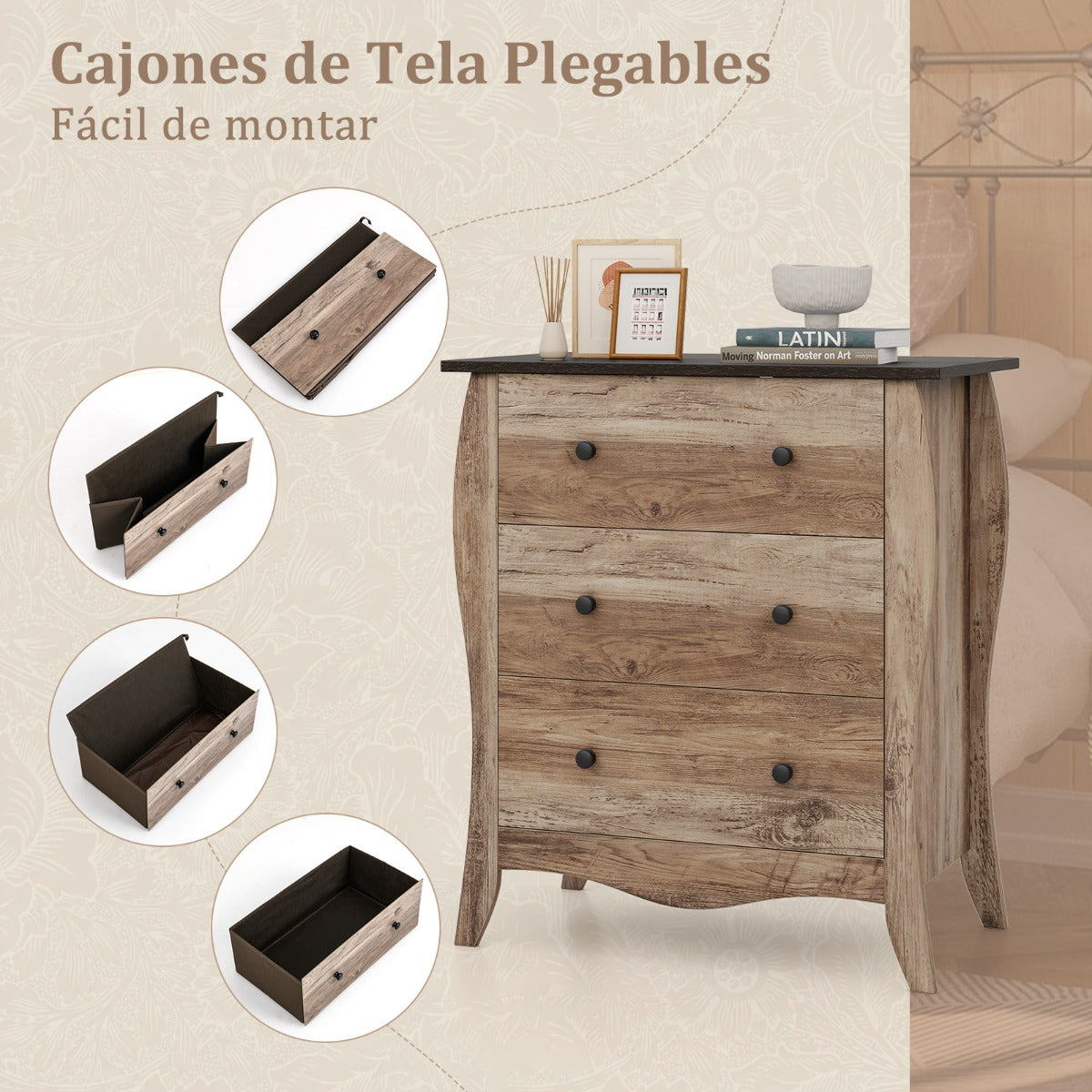 Cómoda con 3 Cajones de Tela Plegables para Dormitorio Cajonera de Estilo Campestre Organizador de Almacenamiento de Closet Marrón
