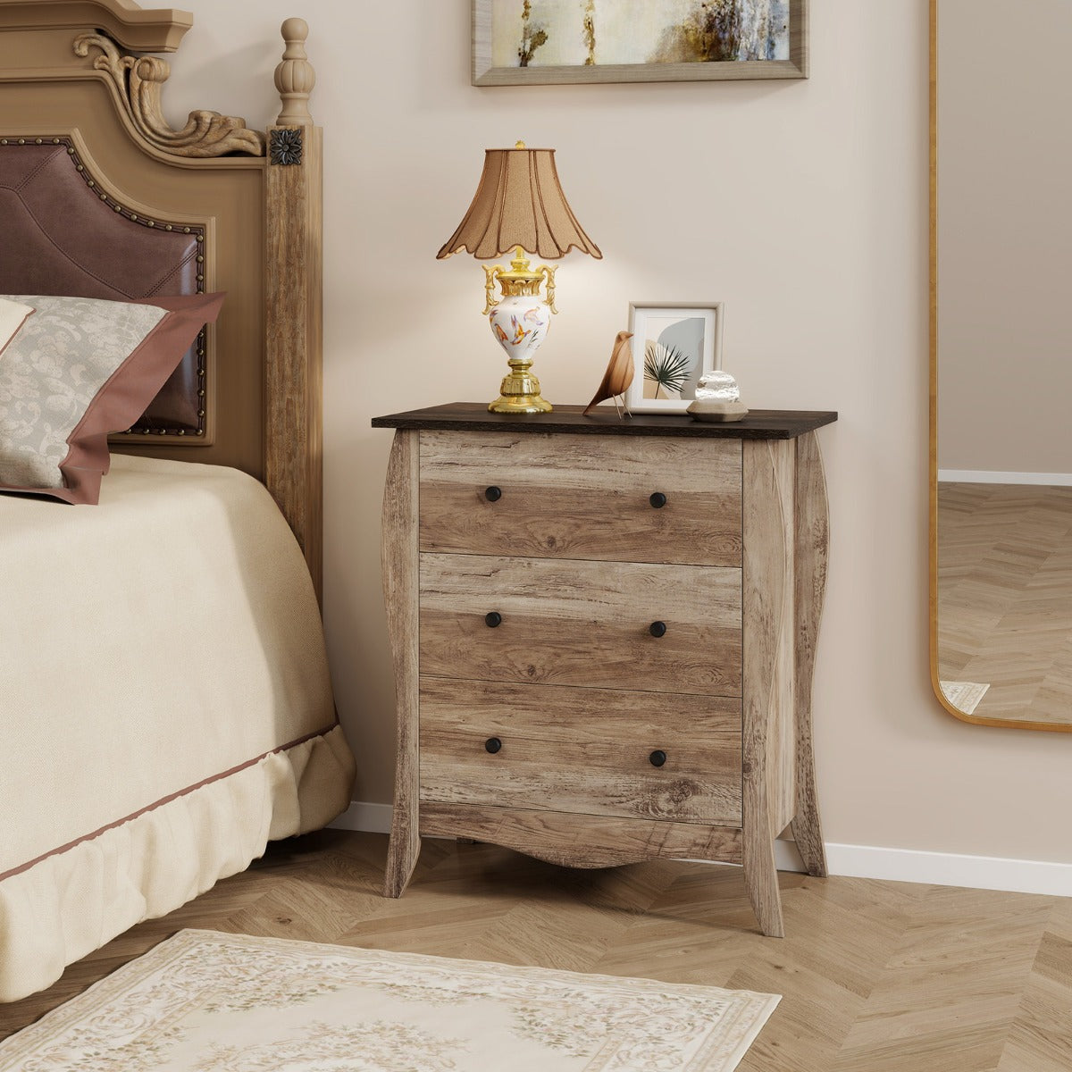 Cómoda con 3 Cajones de Tela Plegables para Dormitorio Cajonera de Estilo Campestre Organizador de Almacenamiento de Closet Marrón