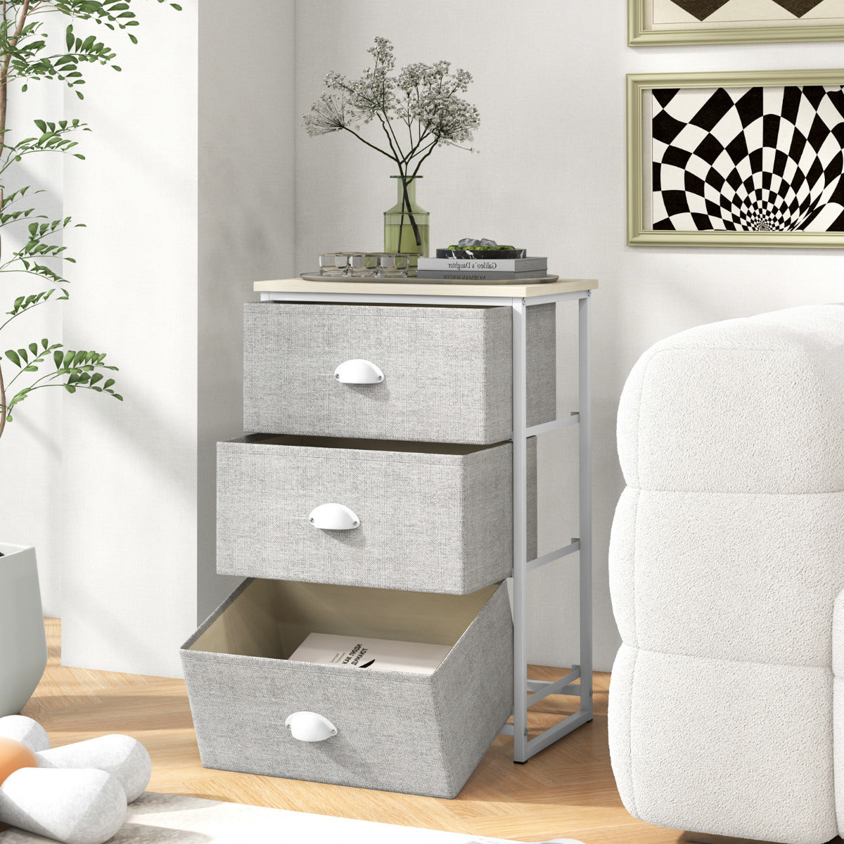 Cómoda con 3 Cajones Mesita de Noche con 3 Cajones Plegables Unidad de Almacenamiento con Marco de Metal y Cajón de Madera para Dormitorio
