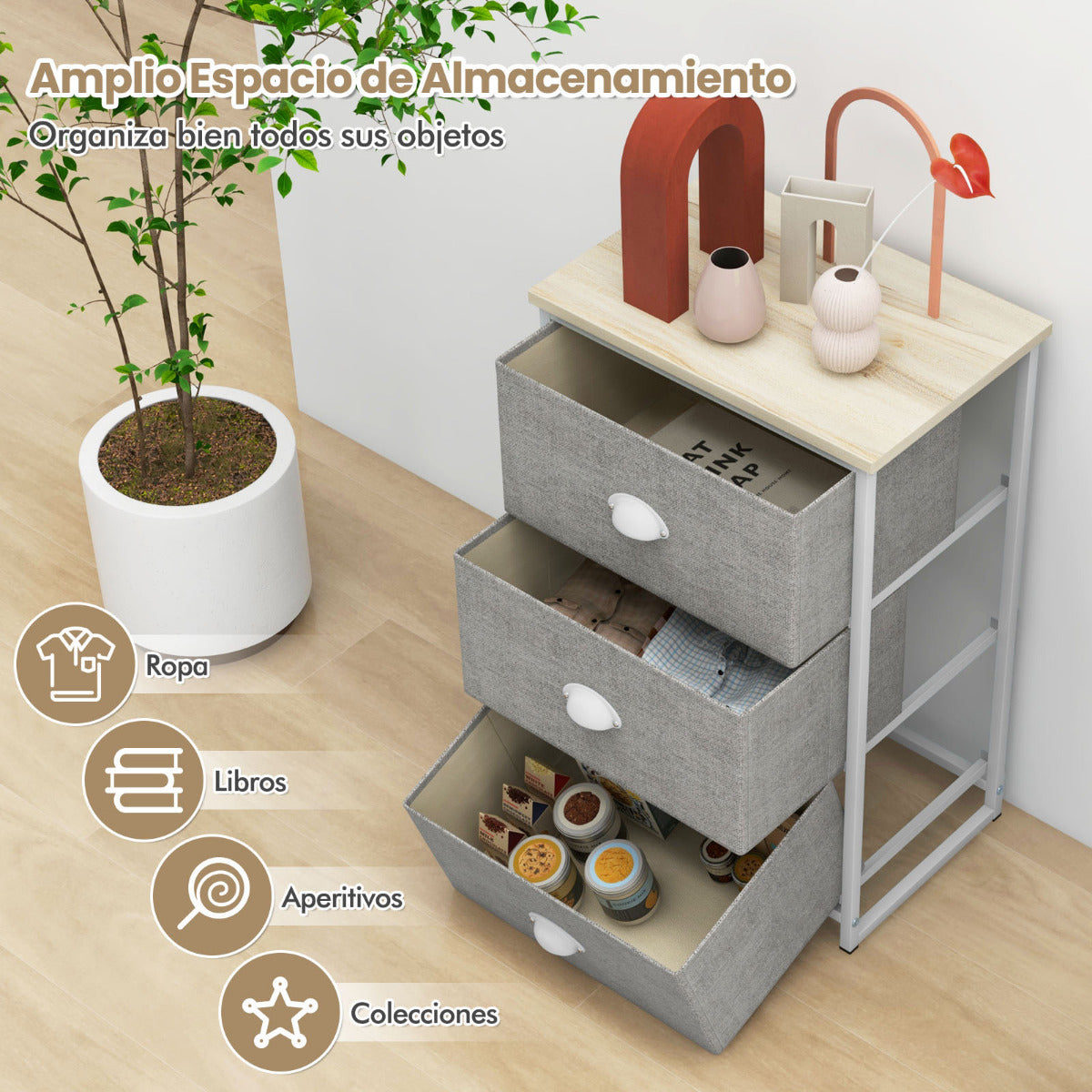 Cómoda con 3 Cajones Mesita de Noche con 3 Cajones Plegables Unidad de Almacenamiento con Marco de Metal y Cajón de Madera para Dormitorio