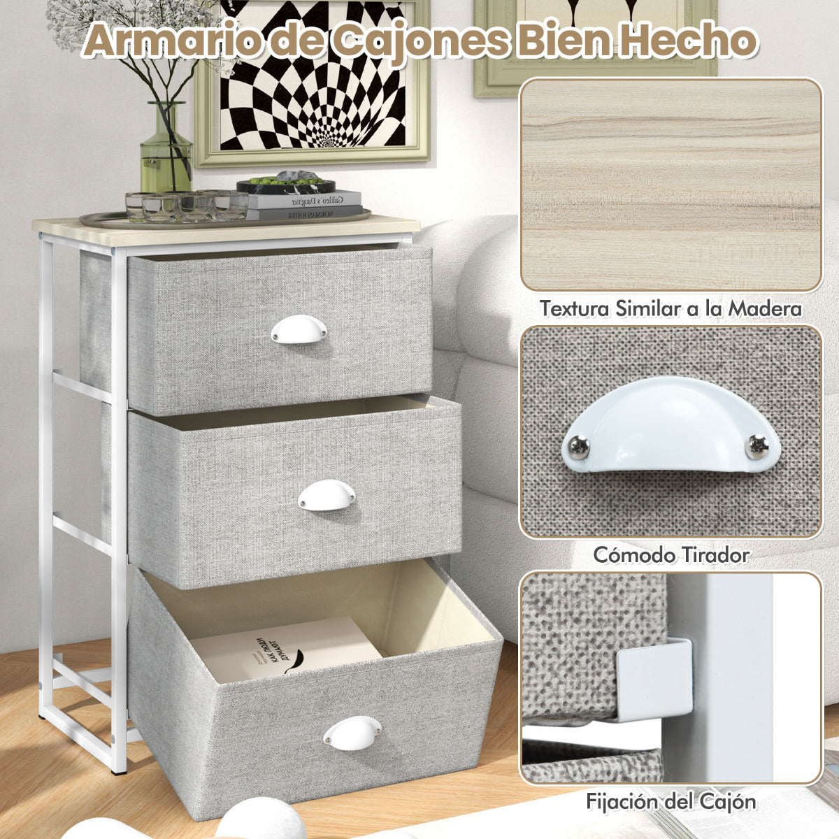 Cómoda con 3 Cajones Mesita de Noche con 3 Cajones Plegables Unidad de Almacenamiento con Marco de Metal y Cajón de Madera para Dormitorio