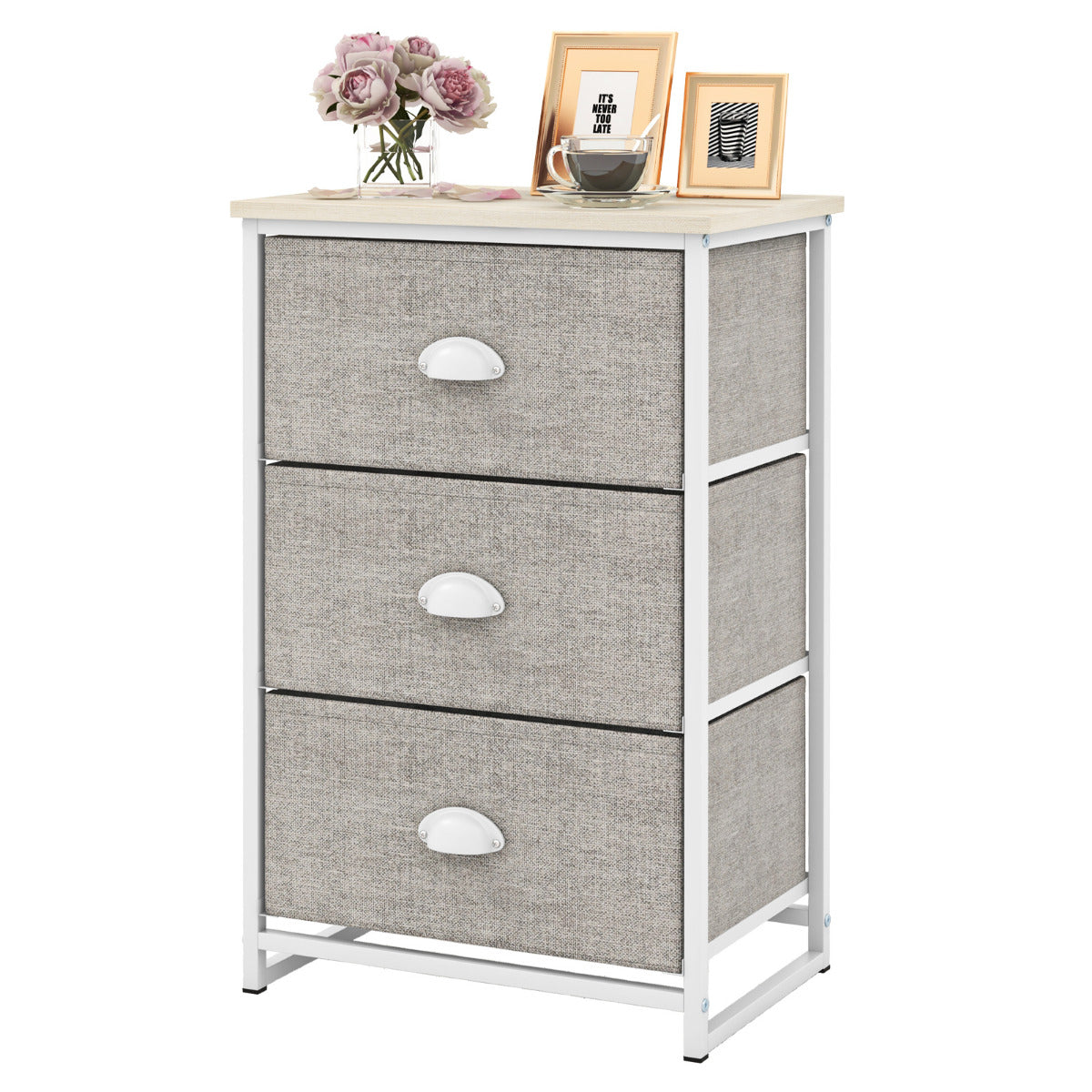 Cómoda con 3 Cajones Mesita de Noche con 3 Cajones Plegables Unidad de Almacenamiento con Marco de Metal y Cajón de Madera para Dormitorio