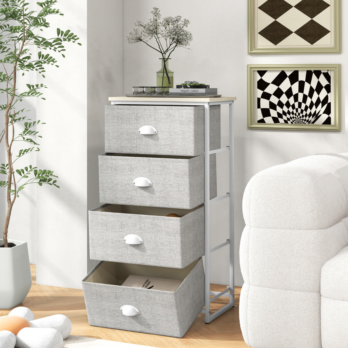 Cómoda con 4 Cajones Mesita de Noche con 4 Cajones Plegables Unidad de Almacenamiento con Marco de Metal y Cajón de Madera para Dormitorio