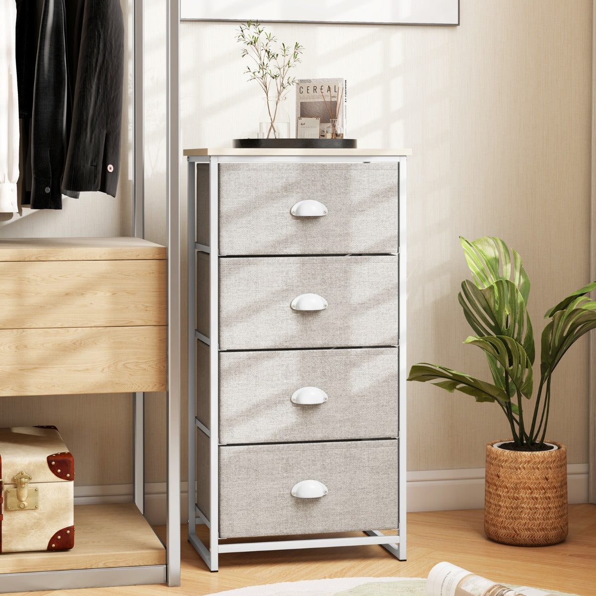 Cómoda con 4 Cajones Mesita de Noche con 4 Cajones Plegables Unidad de Almacenamiento con Marco de Metal y Cajón de Madera para Dormitorio