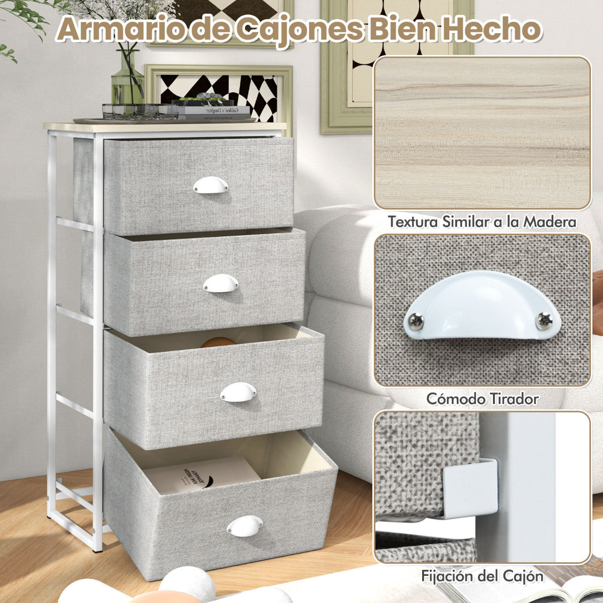 Cómoda con 4 Cajones Mesita de Noche con 4 Cajones Plegables Unidad de Almacenamiento con Marco de Metal y Cajón de Madera para Dormitorio
