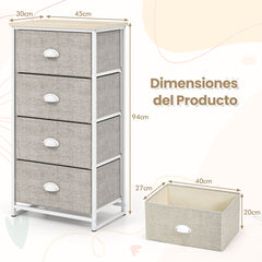 Cómoda con 4 Cajones Mesita de Noche con 4 Cajones Plegables Unidad de Almacenamiento con Marco de Metal y Cajón de Madera para Dormitorio
