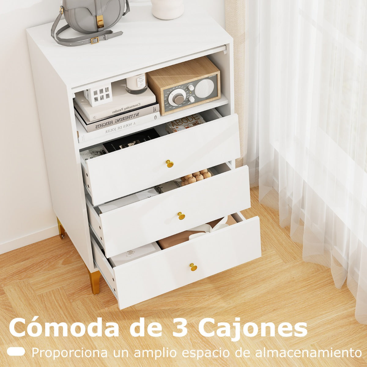 Cómoda con 3 Cajones Armario Moderno con Puerta de Cristal Acanalado y Cajones Extraíbles Patas Metálicas-3 Cajones
