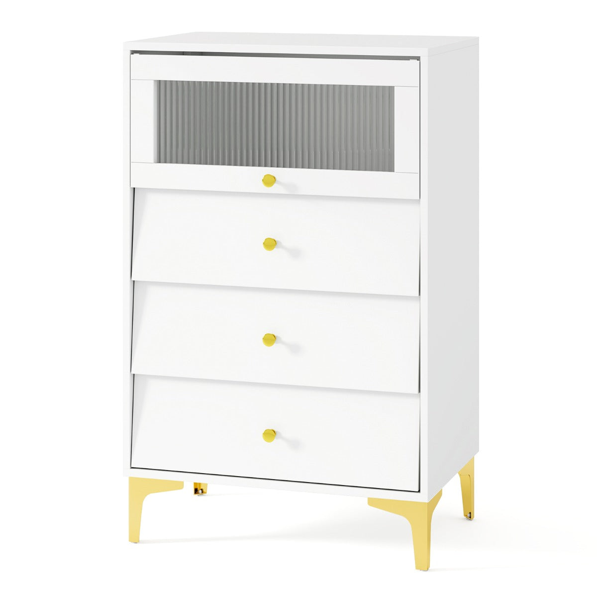 Cómoda con 3 Cajones Armario Moderno con Puerta de Cristal Acanalado y Cajones Extraíbles Patas Metálicas-3 Cajones