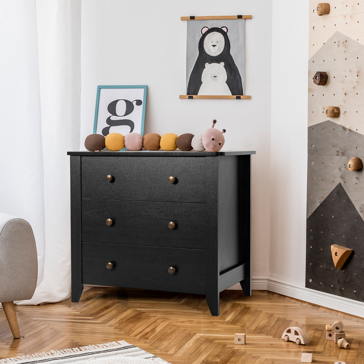 Cómoda con 3 Cajones Patas Curvas Cajonera con 3 Cajones Mesa de Noche de Doble Asa en Dormitorio Entrada Guardería 71 x 46 x 66 cm Negro