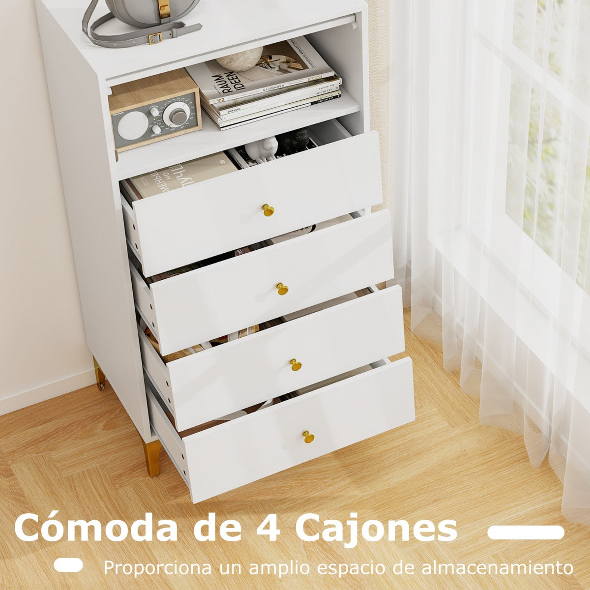 Cómoda con 3/4 Cajones Armario Moderno con Puerta de Cristal Acanalado y Cajones Extraíbles Patas Metálicas-4 Cajones