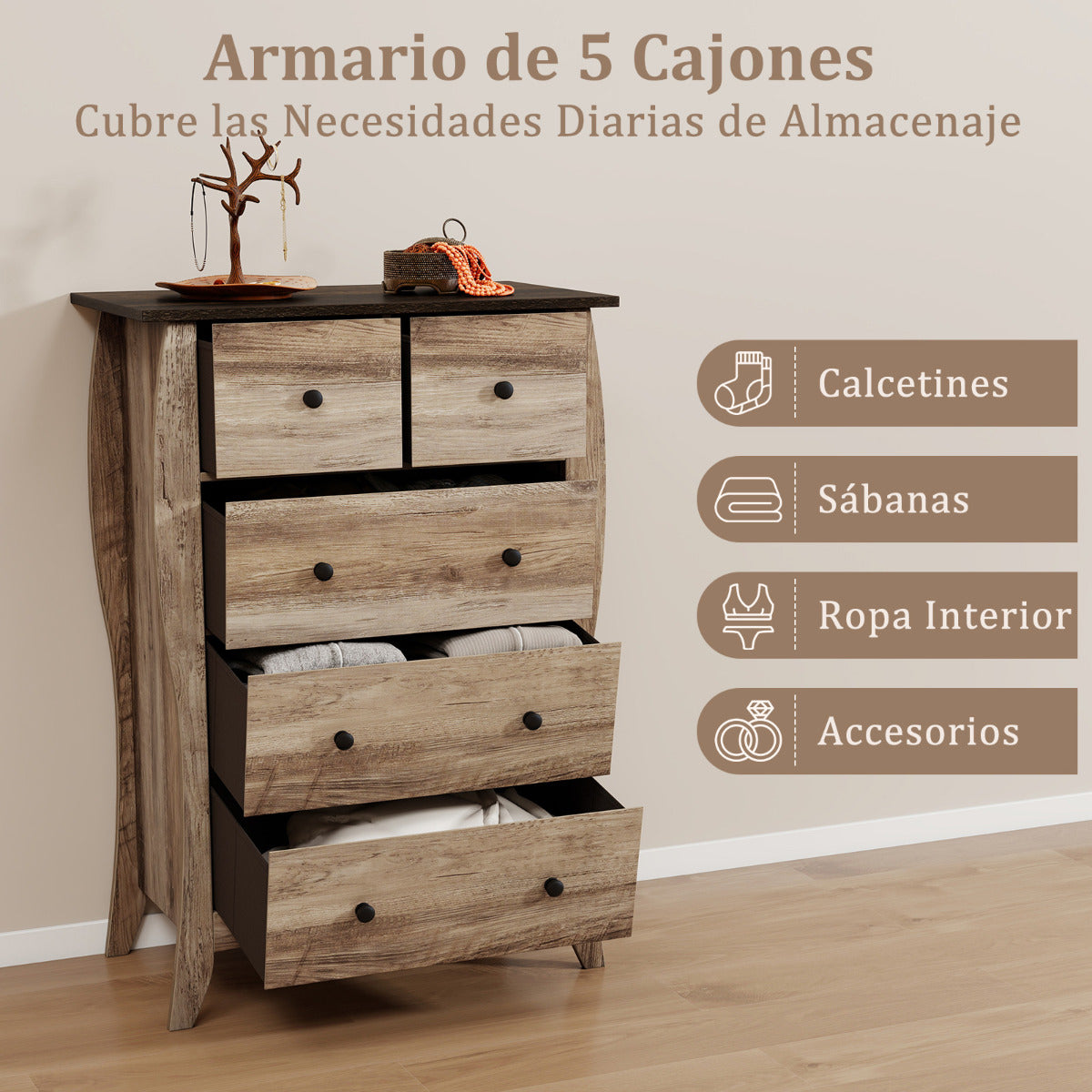 Cómoda con 5 Cajones de Tela Plegables para Dormitorio Cajonera de Estilo Campestre Organizador de Almacenamiento de Closet Marrón