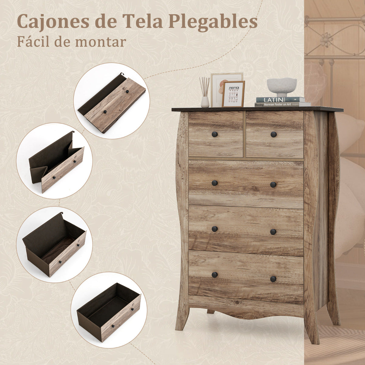 Cómoda con 5 Cajones de Tela Plegables para Dormitorio Cajonera de Estilo Campestre Organizador de Almacenamiento de Closet Marrón