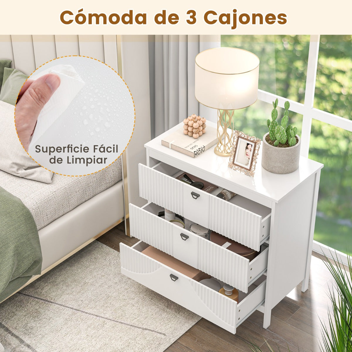 Cómoda de 3 Cajones Mueble de Almacenaje Armario con Kit Anticaída Mesita de Noche de 3 Niveles Cajonera para Dormitorio y Estudio Blanco