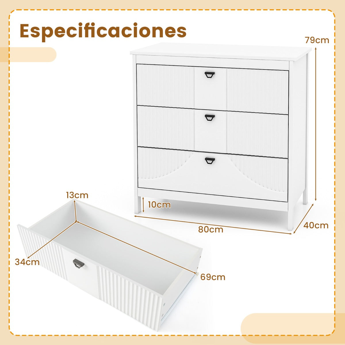 Cómoda de 3 Cajones Mueble de Almacenaje Armario con Kit Anticaída Mesita de Noche de 3 Niveles Cajonera para Dormitorio y Estudio Blanco