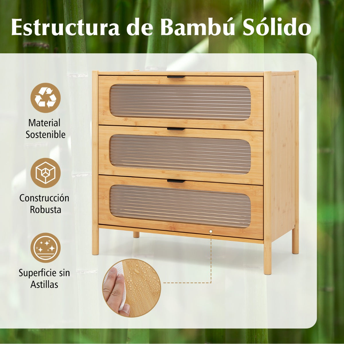 Cómoda de 3 Cajones de Bambú con Frente de Vidrio Templado Estriado 80 x 40 x 78,5 cm
