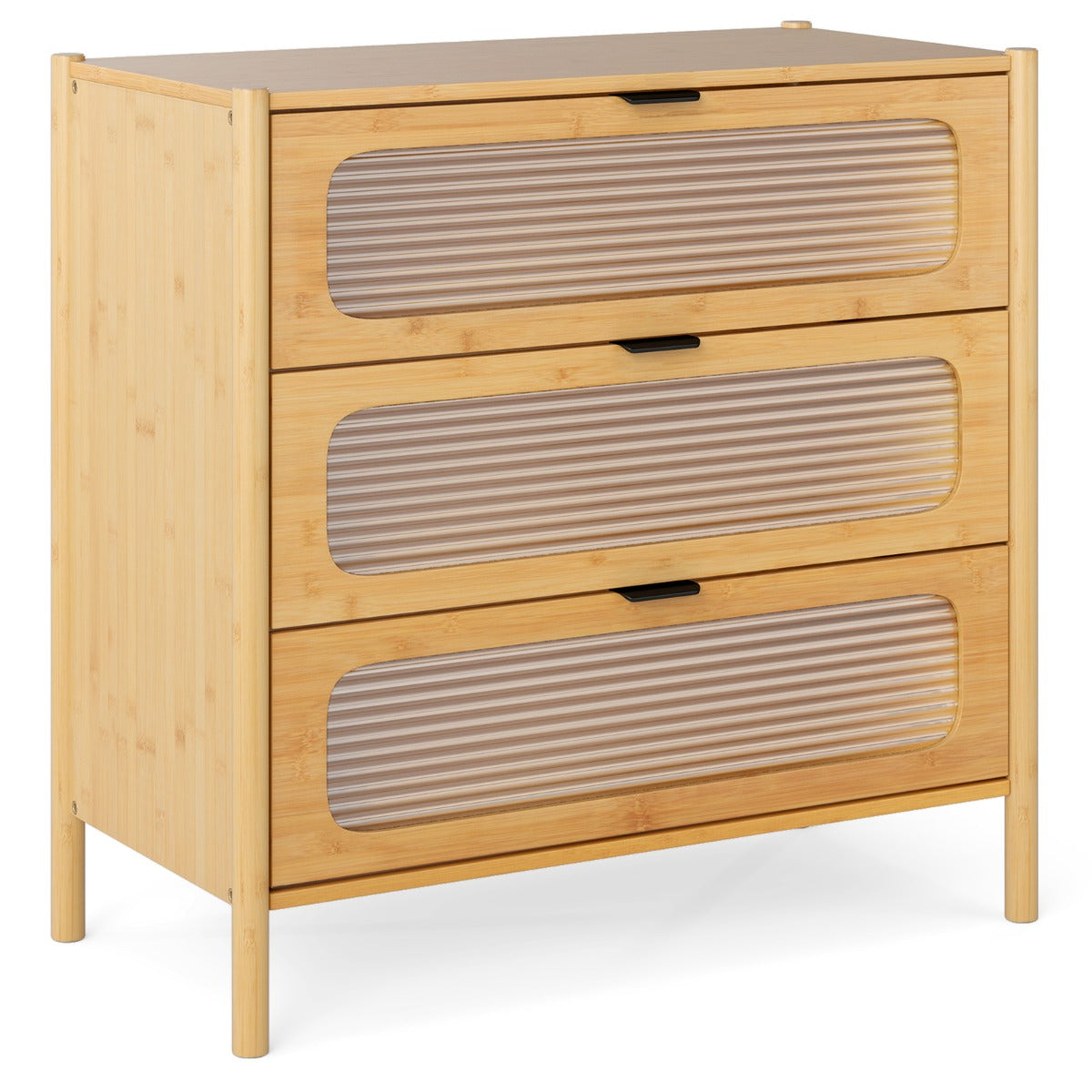 Cómoda de 3 Cajones de Bambú con Frente de Vidrio Templado Estriado 80 x 40 x 78,5 cm