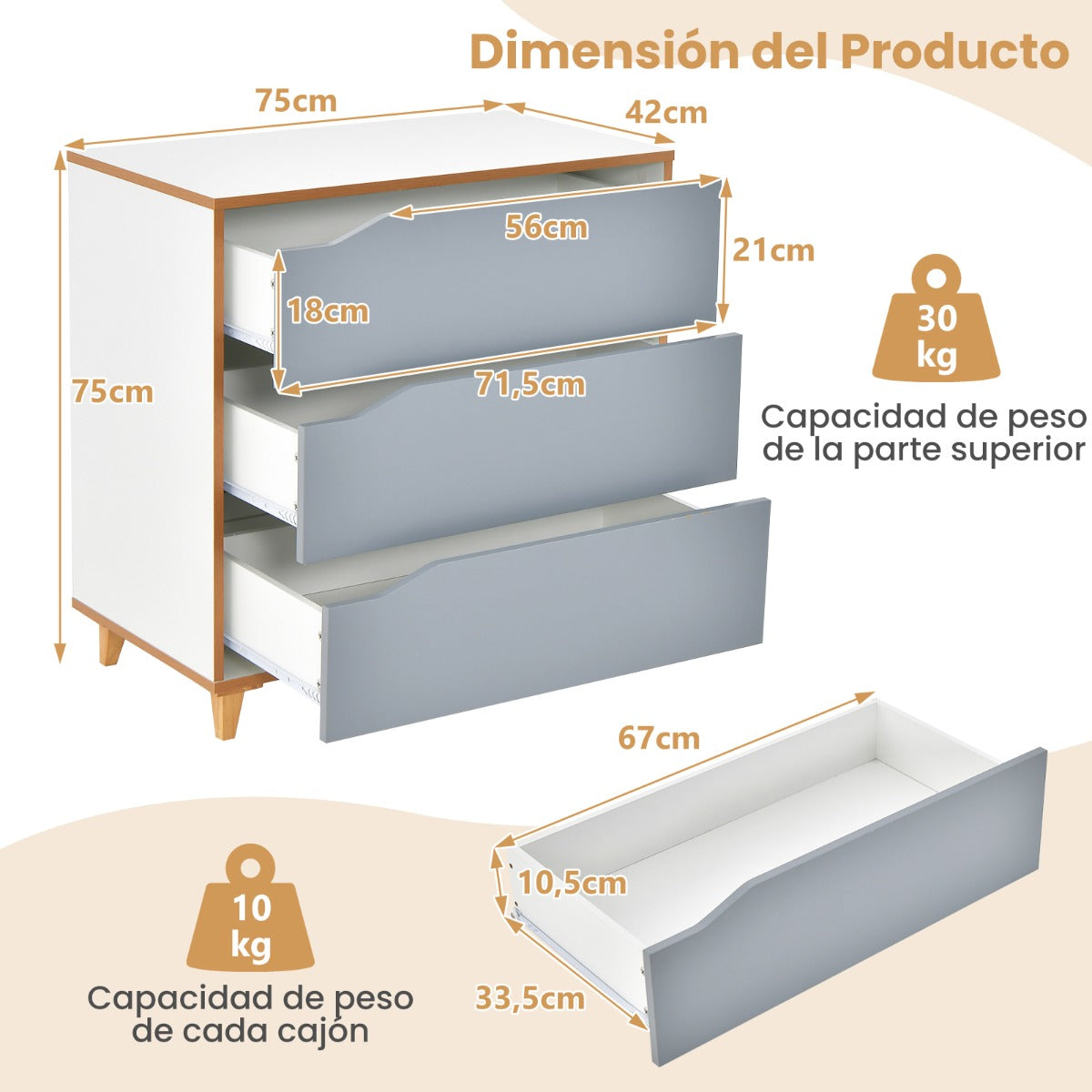 Cómoda de 3 Cajones Mesitas de Noche con Asas Integradas Dispositivo Antivuelco para Pasillo Entrada Dormitorio 75 x 42 x 75 cm Gris