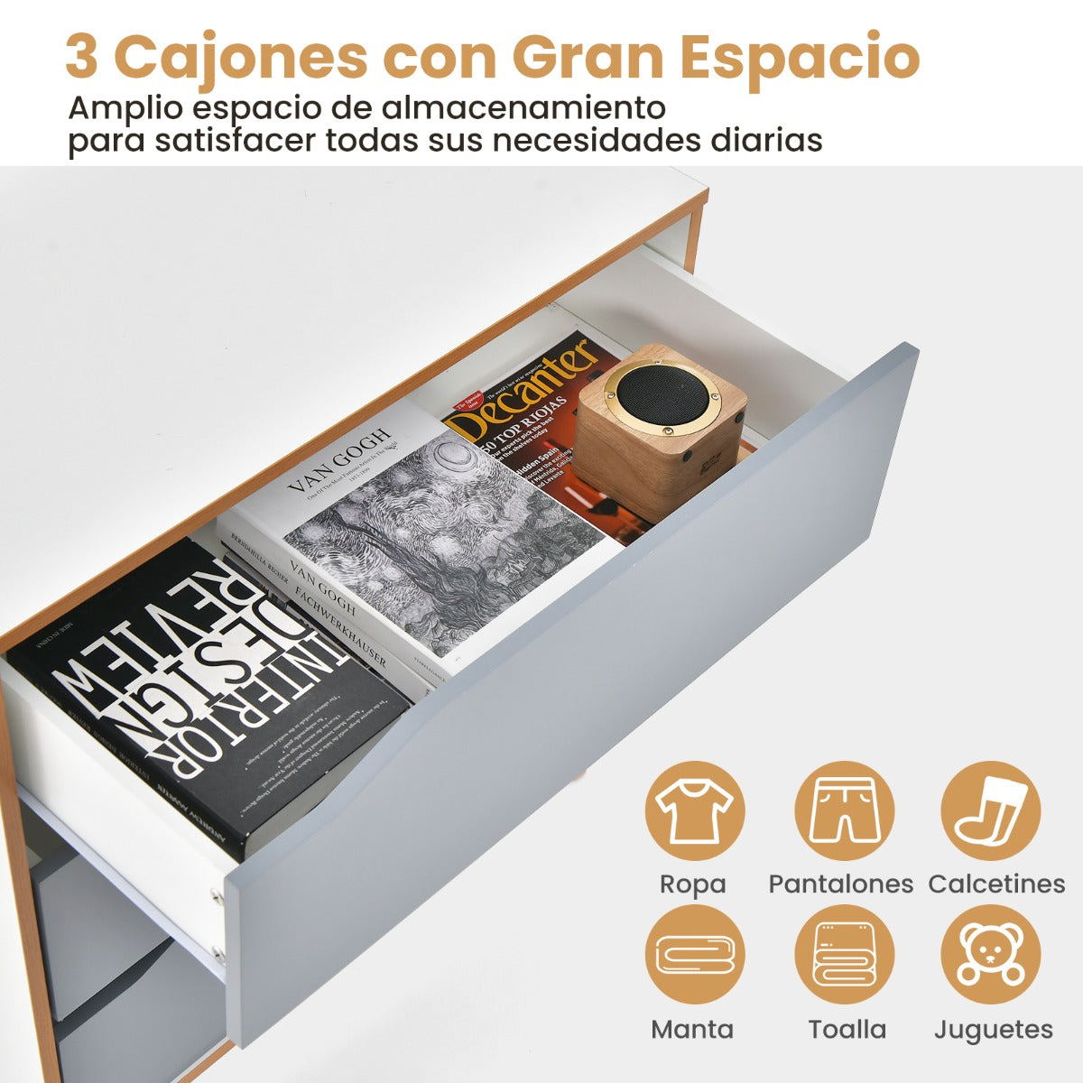 Cómoda de 3 Cajones Mesitas de Noche con Asas Integradas Dispositivo Antivuelco para Pasillo Entrada Dormitorio 75 x 42 x 75 cm Gris