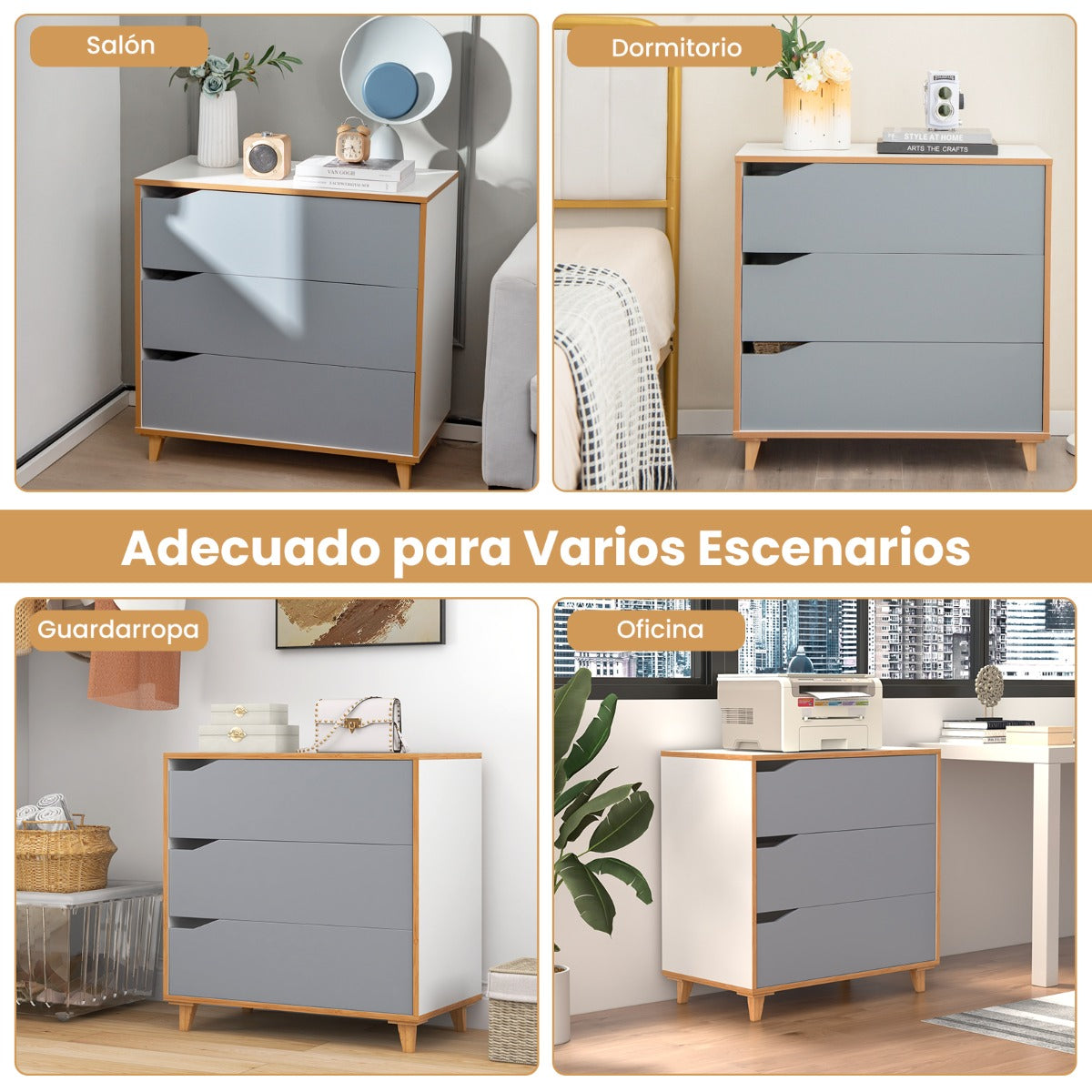 Cómoda de 3 Cajones Mesitas de Noche con Asas Integradas Dispositivo Antivuelco para Pasillo Entrada Dormitorio 75 x 42 x 75 cm Gris