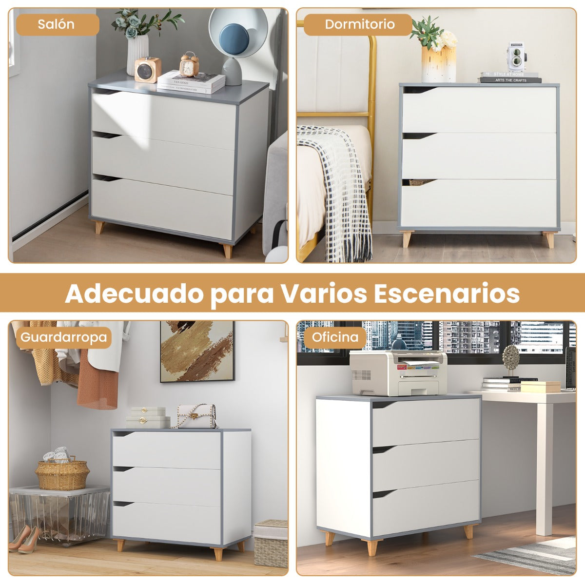 Cómoda de 3 Cajones Mesitas de Noche con Asas Integradas Dispositivo Antivuelco para Pasillo Entrada Dormitorio 75 x 42 x 75 cm Blanco