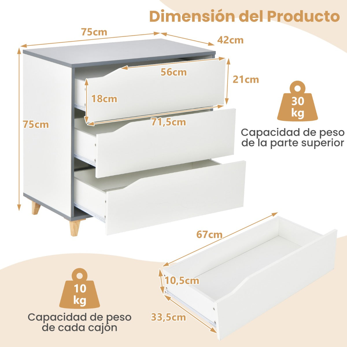 Cómoda de 3 Cajones Mesitas de Noche con Asas Integradas Dispositivo Antivuelco para Pasillo Entrada Dormitorio 75 x 42 x 75 cm Blanco